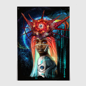 Постер с принтом Cyberpunk girl в городе Новоалтайск, 100% бумага
 | бумага, плотность 150 мг. Матовая, но за счет высокого коэффициента гладкости имеет небольшой блеск и дает на свету блики, но в отличии от глянцевой бумаги не покрыта лаком | волосы | девушка | киберпанк | корона | космос | планета