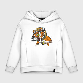 Детское худи Oversize хлопок с принтом Hey, Tiger! в городе Новоалтайск, френч-терри — 70% хлопок, 30% полиэстер. Мягкий теплый начес внутри —100% хлопок | боковые карманы, эластичные манжеты и нижняя кромка, капюшон на магнитной кнопке | tiger | больша кошка | дикая кошка | зверь | кошка | тигр | тигр в шлеме | тигр на байке | хищник