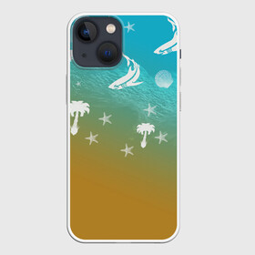 Чехол для iPhone 13 mini с принтом Морское ассорти в городе Новоалтайск,  |  | Тематика изображения на принте: акулы | волна | дельфины | море | морепродукты | морские животные | морской | пальмы | песок | ракушки | рыбы