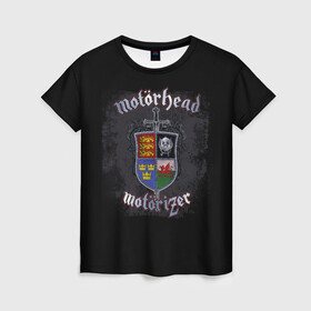 Женская футболка 3D с принтом Shield of Motorhead в городе Новоалтайск, 100% полиэфир ( синтетическое хлопкоподобное полотно) | прямой крой, круглый вырез горловины, длина до линии бедер | alternative | metall | motorhead | music | rock | альтернатива | металл | моторхед | моторхэд | музыка | рок
