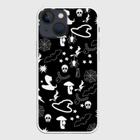 Чехол для iPhone 13 mini с принтом Вальпургиева ночь | Inventory в городе Новоалтайск,  |  | ведьмин колпак | змеи | колдунья на метле | летучие мыши | магические предметы | пауки | паутина | черепа