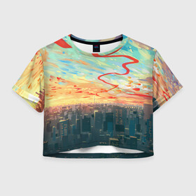 Женская футболка Crop-top 3D с принтом Токио красками в городе Новоалтайск, 100% полиэстер | круглая горловина, длина футболки до линии талии, рукава с отворотами | акварелью | аниме | ветер | город | закат | здания | красками | мегаполис | облака | постройки | рассвет | стиль | столица | токио | тучи | япония