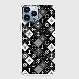 Чехол для iPhone 13 Pro Max с принтом Черно белый морской плед в городе Новоалтайск,  |  | Тематика изображения на принте: для мальчика | клетка | модный | молодежный | море | морской | пэчворк | черно белый узор | штурвал