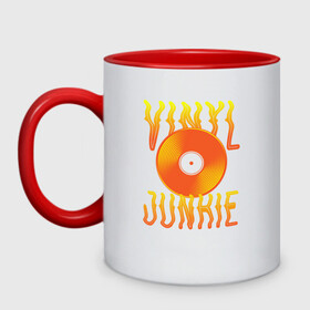Кружка двухцветная с принтом Vinyl Junkie в городе Новоалтайск, керамика | объем — 330 мл, диаметр — 80 мм. Цветная ручка и кайма сверху, в некоторых цветах — вся внутренняя часть | dj | english | vinyl junkie | диджей | музыкант | пластинка | по английски