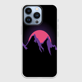 Чехол для iPhone 13 Pro с принтом горы на фоне заката в городе Новоалтайск,  |  | 80s | горы | закат | киберпанк | минимализм | неон | неоновый закат | розовое солнце | розовый | фиолетовый