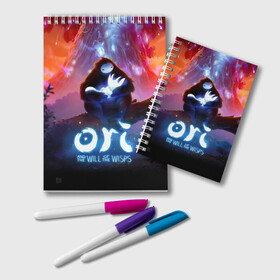 Блокнот с принтом Ori and the Will of the Wisps в городе Новоалтайск, 100% бумага | 48 листов, плотность листов — 60 г/м2, плотность картонной обложки — 250 г/м2. Листы скреплены удобной пружинной спиралью. Цвет линий — светло-серый
 | Тематика изображения на принте: adventure | asleep | forest spirit | naru | night | ori and the will of the wisps | orient | pc game | volcanic eruption | дух леса | извержение вулкана | компьютерная игра | нару | ночь | ори | ори и блуждающие огоньки | приключения | спит