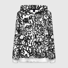 Женская толстовка 3D на молнии с принтом Graffiti black on white в городе Новоалтайск, 100% полиэстер | длина до линии бедра, манжеты и пояс оформлены мягкой тканевой резинкой, двухслойный капюшон со шнурком для регулировки, спереди молния, по бокам два кармана | абстракция | граффити | надписи | надписи текстура | паттерн граффити | текстура | текстура граффити | шрифт