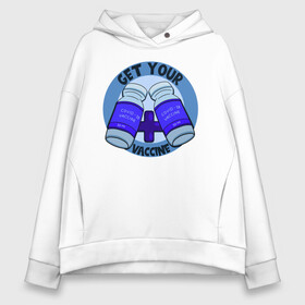 Женское худи Oversize хлопок с принтом Get Your Caccine в городе Новоалтайск, френч-терри — 70% хлопок, 30% полиэстер. Мягкий теплый начес внутри —100% хлопок | боковые карманы, эластичные манжеты и нижняя кромка, капюшон на магнитной кнопке | вакцина | вакцинация | иллюстрация | корона | коронавирус
