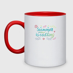 Кружка двухцветная с принтом Лето зовет, Summer is calling  в городе Новоалтайск, керамика | объем — 330 мл, диаметр — 80 мм. Цветная ручка и кайма сверху, в некоторых цветах — вся внутренняя часть | бирюза | волны | градиент | губы | лето | любовь | море | сердечки | солнце | шляпа