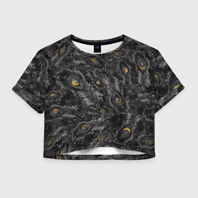 Женская футболка Crop-top 3D с принтом Арабская ночь в городе Новоалтайск, 100% полиэстер | круглая горловина, длина футболки до линии талии, рукава с отворотами | вечер | вечерний | восточная | золотистый | золото | золотой | месяц | месяцы | ночь | павлин | павлины | павлиньи | перо | перышки | перья | полумесяц | полумесяцы | роскошь | темная | темный | черная