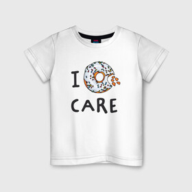 Детская футболка хлопок с принтом Мне все равно I donut care в городе Новоалтайск, 100% хлопок | круглый вырез горловины, полуприлегающий силуэт, длина до линии бедер | english | i dont care | i donut care | pun | десерт | донат | еда | игра слов | каламбр | мне все равно | плевать | пончик | прикольные надписи | сладкое | фаст фуд