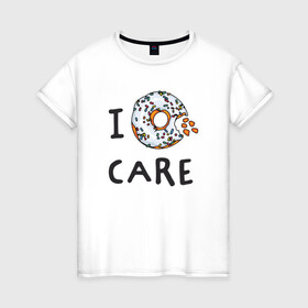 Женская футболка хлопок с принтом Мне все равно I donut care в городе Новоалтайск, 100% хлопок | прямой крой, круглый вырез горловины, длина до линии бедер, слегка спущенное плечо | english | i dont care | i donut care | pun | десерт | донат | еда | игра слов | каламбр | мне все равно | плевать | пончик | прикольные надписи | сладкое | фаст фуд