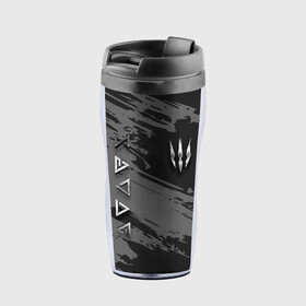 Термокружка-непроливайка с принтом THE WITCHER SILVER LOGO в городе Новоалтайск, внутренняя часть — пищевой пластик, наружная часть — прозрачный пластик, между ними — полиграфическая вставка с рисунком | объем — 350 мл, герметичная крышка | Тематика изображения на принте: the witcher | ведьмак | витчер | зе витчер | зе вичер | игра | компьютерная игра | лого | логотип | серебро