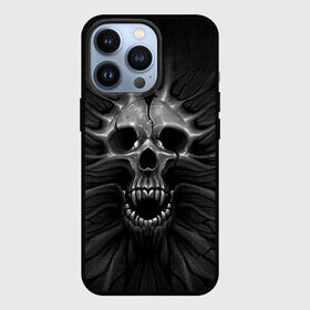 Чехол для iPhone 13 Pro с принтом ЧЕРЕП С КЛЫКАМИ в городе Новоалтайск,  |  | Тематика изображения на принте: dark | death | fear | skelet | skull | байкерам | голова | готика | клыки | кости | крик | оскал | скелет | тьма | ужас | череп | черный