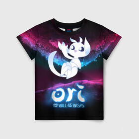Детская футболка 3D с принтом Ori and the Will of the Wisps в городе Новоалтайск, 100% гипоаллергенный полиэфир | прямой крой, круглый вырез горловины, длина до линии бедер, чуть спущенное плечо, ткань немного тянется | adventure | fairy forest | night | ori | ori and the will of the wisps | pc game | spirit of the forest | дух леса | компьютерная игра | ночь | ори | ори и блуждающие огоньки | приключения | сказочный лес