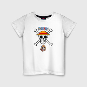 Детская футболка хлопок с принтом Веселый Роджер Луффи One Piece в городе Новоалтайск, 100% хлопок | круглый вырез горловины, полуприлегающий силуэт, длина до линии бедер | anime | manga | monkey d. luffy | one piece | аниме | большой куш | ван пис | вон пис | гол д. роджер | кайдо | король пиратов | луфи | луффи | манга | манки д. луффи | нами | нико робин | пират | портгас д. эйс | ророноа зоро