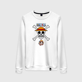 Женский свитшот хлопок с принтом Веселый Роджер Луффи One Piece в городе Новоалтайск, 100% хлопок | прямой крой, круглый вырез, на манжетах и по низу широкая трикотажная резинка  | anime | manga | monkey d. luffy | one piece | аниме | большой куш | ван пис | вон пис | гол д. роджер | кайдо | король пиратов | луфи | луффи | манга | манки д. луффи | нами | нико робин | пират | портгас д. эйс | ророноа зоро