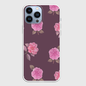 Чехол для iPhone 13 Pro Max с принтом Камелии на вишневом фоне в городе Новоалтайск,  |  | Тематика изображения на принте: 8 марта | flowers | march 8 | spring | ботаническая иллюстрация | весна | день рождения | зеленый | камелии | лето | листья | любовь | праздник | принт | природа | растения | розовый | цветы