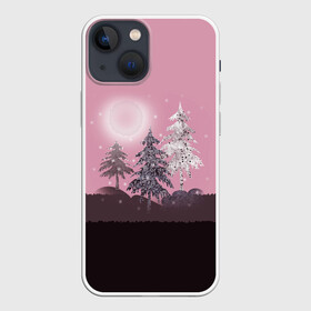 Чехол для iPhone 13 mini с принтом Розовое сияние в городе Новоалтайск,  |  | елка | ель | зима | коричневый и розовый | лес | луна | мозаика | мозаичный узор | новогодний | розовый | солнце | утро