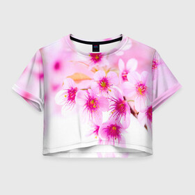 Женская футболка Crop-top 3D Весеннее цветение вишни: в городе Новоалтайск, 100% полиэстер | круглая горловина, длина футболки до линии талии, рукава с отворотами | бутоны | весна | девушкам | красивые | розовые | сакура | цветение | цветы | яблоня