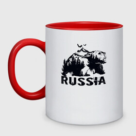 Кружка двухцветная с принтом Russian bear в городе Новоалтайск, керамика | объем — 330 мл, диаметр — 80 мм. Цветная ручка и кайма сверху, в некоторых цветах — вся внутренняя часть | bear | russia | горы | медведь | патриот | россия | русский
