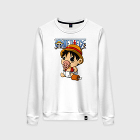 Женский свитшот хлопок с принтом Малыш Луффи One Piece в городе Новоалтайск, 100% хлопок | прямой крой, круглый вырез, на манжетах и по низу широкая трикотажная резинка  | anime | manga | monkey d. luffy | one piece | аниме | большой куш | ван пис | вон пис | капитан | король пиратов | луси | луфи | луффи | луффи но уми | луффи таро | манга | манки д. луффи | мугивара | пират | пятый император