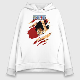Женское худи Oversize хлопок с принтом Луффи One Piece в разрыве  в городе Новоалтайск, френч-терри — 70% хлопок, 30% полиэстер. Мягкий теплый начес внутри —100% хлопок | боковые карманы, эластичные манжеты и нижняя кромка, капюшон на магнитной кнопке | anime | manga | monkey d. luffy | one piece | аниме | большой куш | ван пис | вон пис | капитан | король пиратов | луси | луфи | луффи | луффи но уми | луффи таро | манга | манки д. луффи | мугивара | пират | пятый император
