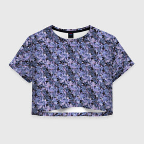 Женская футболка Crop-top 3D с принтом Сине-фиолетовый цветочный узор в городе Новоалтайск, 100% полиэстер | круглая горловина, длина футболки до линии талии, рукава с отворотами | однотонный | ретро | синие цветы | темный узор | цветочный узор | цветы