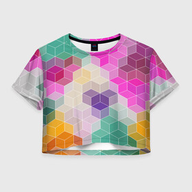 Женская футболка Crop-top 3D с принтом Абстрактный разноцветный узор  в городе Новоалтайск, 100% полиэстер | круглая горловина, длина футболки до линии талии, рукава с отворотами | Тематика изображения на принте: абстрактный | бирюзовый | бордовый | геометрические фигуры | модный | розовый | ромбы | современный