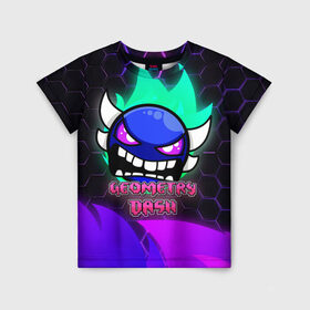 Детская футболка 3D с принтом Geometry Dash (Neon) в городе Новоалтайск, 100% гипоаллергенный полиэфир | прямой крой, круглый вырез горловины, длина до линии бедер, чуть спущенное плечо, ткань немного тянется | dash | geometry | geometry dash | геометри десш | квадрат | мобильная игра | шеометри даш