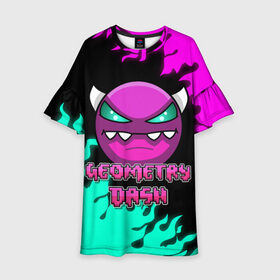 Детское платье 3D с принтом Geometry Dash в городе Новоалтайск, 100% полиэстер | прямой силуэт, чуть расширенный к низу. Круглая горловина, на рукавах — воланы | Тематика изображения на принте: dash | geometry | geometry dash | геометри десш | квадрат | мобильная игра | шеометри даш