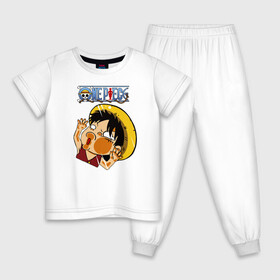 Детская пижама хлопок с принтом Луффи One Piece. Большой куш в городе Новоалтайск, 100% хлопок |  брюки и футболка прямого кроя, без карманов, на брюках мягкая резинка на поясе и по низу штанин
 | Тематика изображения на принте: anime | manga | monkey d. luffy | one piece | аниме | большой куш | ван пис | вон пис | капитан | король пиратов | луси | луфи | луффи | луффи но уми | луффи таро | манга | манки д. луффи | мугивара | пират | пятый император