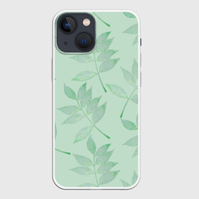 Чехол для iPhone 13 mini с принтом Зеленые листья на светло зеленом в городе Новоалтайск,  |  | 8 марта | leaves | summer | ботаническая иллюстрация | весна | зеленый | лето | листья | любовь | праздник | принт | природа | растения