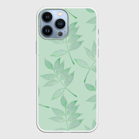 Чехол для iPhone 13 Pro Max с принтом Зеленые листья на светло зеленом в городе Новоалтайск,  |  | Тематика изображения на принте: 8 марта | leaves | summer | ботаническая иллюстрация | весна | зеленый | лето | листья | любовь | праздник | принт | природа | растения