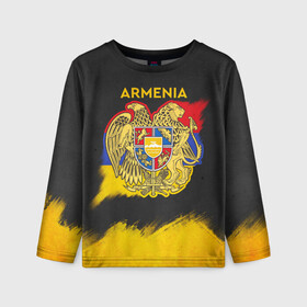 Детский лонгслив 3D с принтом Yellow and Black Armenia в городе Новоалтайск, 100% полиэстер | длинные рукава, круглый вырез горловины, полуприлегающий силуэт
 | Тематика изображения на принте: armenia | logo | армения | армян | армяни | герб | лев и орел | лого | символ | флаг | флаг и герб армении