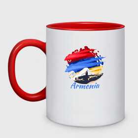 Кружка двухцветная с принтом Brush Armenia в городе Новоалтайск, керамика | объем — 330 мл, диаметр — 80 мм. Цветная ручка и кайма сверху, в некоторых цветах — вся внутренняя часть | Тематика изображения на принте: armenia | logo | армения | армян | армяни | герб | лев и орел | лого | символ | флаг | флаг и герб армении