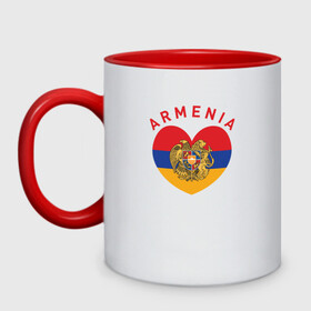 Кружка двухцветная с принтом The Heart of Armenia в городе Новоалтайск, керамика | объем — 330 мл, диаметр — 80 мм. Цветная ручка и кайма сверху, в некоторых цветах — вся внутренняя часть | Тематика изображения на принте: armenia | logo | армения | армян | армяни | герб | лев и орел | лого | символ | флаг | флаг и герб армении