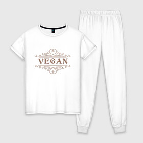Женская пижама хлопок с принтом Веган - Vegan в городе Новоалтайск, 100% хлопок | брюки и футболка прямого кроя, без карманов, на брюках мягкая резинка на поясе и по низу штанин | green | greenpaece | vegan | yoga | веган | вегетарианец | гринпис | дерево | еда | животные | жизнь | здоровье | зеленый | йога | мир | овощи | пища | планета | природа | фрукты