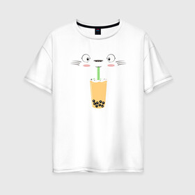 Женская футболка хлопок Oversize с принтом Totoro Drink в городе Новоалтайск, 100% хлопок | свободный крой, круглый ворот, спущенный рукав, длина до линии бедер
 | ghibli | japan | nature | neigbor | neighbour | totoro | анимация | аниме | гибли | друг | животные | лес | милый | мир | миядзаки | мой сосед тоторо | мульт | мультфильм | природа | сок | сосед | сусуватари | тоторо | хаяо