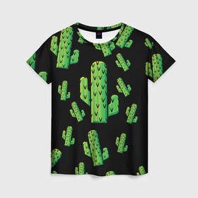 Женская футболка 3D с принтом Cactus Time - Веселые кактусы в городе Новоалтайск, 100% полиэфир ( синтетическое хлопкоподобное полотно) | прямой крой, круглый вырез горловины, длина до линии бедер | cactus time | веселый | зеленый | кактусы | милый