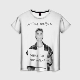 Женская футболка 3D с принтом JUSTIN BIEBER в городе Новоалтайск, 100% полиэфир ( синтетическое хлопкоподобное полотно) | прямой крой, круглый вырез горловины, длина до линии бедер | bieber | boy | justin | mean | music | pop | rnb | song | usa | what | бибер | джастин | музыка | парень | певец | песни | попса | портрет | сша