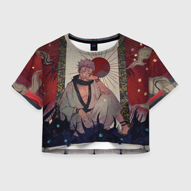 Женская футболка Crop-top 3D с принтом Задумчивый Сукуна в городе Новоалтайск, 100% полиэстер | круглая горловина, длина футболки до линии талии, рукава с отворотами | anime | black | cursed spirit | demon | evil | good | itadori yuji | magic battle | shaman | sukuna | white | ying yang | аниме | белое | демон | добро | зло | инь ян | итадори юдзи | магическая битва | проклятый дух | рёмен сукуна | черное | шаман