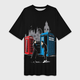 Платье-футболка 3D с принтом Шерлок х Доктор в городе Новоалтайск,  |  | doctor who | serial | sherlock | доктор кто | путешествия во времени | сериал | сериалы | фантастика | шерлок