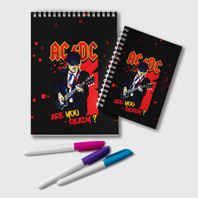 Блокнот с принтом ARE YOU REDY? AC/DC в городе Новоалтайск, 100% бумага | 48 листов, плотность листов — 60 г/м2, плотность картонной обложки — 250 г/м2. Листы скреплены удобной пружинной спиралью. Цвет линий — светло-серый
 | Тематика изображения на принте: ac dc | acdc | acdc ас дс | angus | back in black | highway to hell | mckinnon | you | австралийская | ангус янг | ас дс | асдс | блюз | в форме | гитара | группа | крис слэйд | метал | молния | музыка | певец | рок | рок н ролл | стиви янг