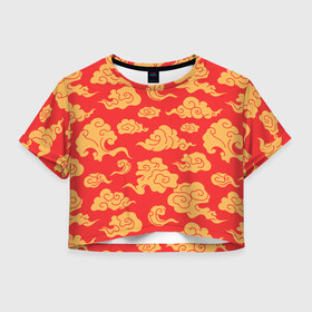 Женская футболка Crop-top 3D с принтом Западный узор облаков в городе Новоалтайск, 100% полиэстер | круглая горловина, длина футболки до линии талии, рукава с отворотами | азиатские облака | азиатский узор | желтые облака | западный узор | облака | облако | узор облаков | япония | японские облака | японский узор