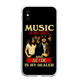 Чехол для iPhone XS Max матовый с принтом MUSYC IS MY DRUG and AC/DC IS MY DEALER в городе Новоалтайск, Силикон | Область печати: задняя сторона чехла, без боковых панелей | ac dc | acdc | acdc ас дс | angus | back in black | highway to hell | mckinnon | you | австралийская | ангус янг | ас дс | асдс | блюз | в форме | гитара | группа | крис слэйд | метал | молния | музыка | певец | рок | рок н ролл | стиви янг