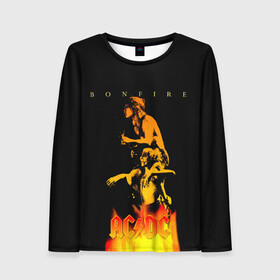 Женский лонгслив 3D с принтом Bonfire  AC/DC в городе Новоалтайск, 100% полиэстер | длинные рукава, круглый вырез горловины, полуприлегающий силуэт | ac dc | acdc | acdc ас дс | angus young | back in black | highway to hell | mckinno | австралийская | ангус янг | ас дс | асдс | блюз | в форме | гитара | группа | крис слэйд | метал | молния | музыка | певец | рок | рок н ролл | стиви янг