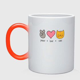 Кружка хамелеон с принтом PEACE LOVE CATS (Z) в городе Новоалтайск, керамика | меняет цвет при нагревании, емкость 330 мл | cat | cats | love | lovers | peace | кот | коты | любить | любовь | мир | хипи | хиппи