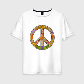 Женская футболка хлопок Oversize с принтом PEACE | FLOWERS (Z) в городе Новоалтайск, 100% хлопок | свободный крой, круглый ворот, спущенный рукав, длина до линии бедер
 | bloom | blossom | floret | flowers | hippies | peace | знак | любовь | мир | символ | хиппи | цветы