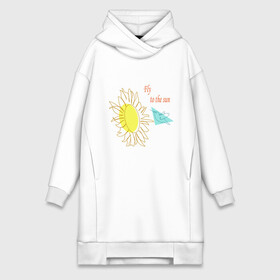 Платье-худи хлопок с принтом Полет в городе Новоалтайск,  |  | art line | bird | blue | color spots | flight | flower | fly | lines | summer | sun | sunflower | yellow | арт лайн | желтый | лети | лето | линии | подсолнух | полет | птица | солнце | цветные пятна | цветок